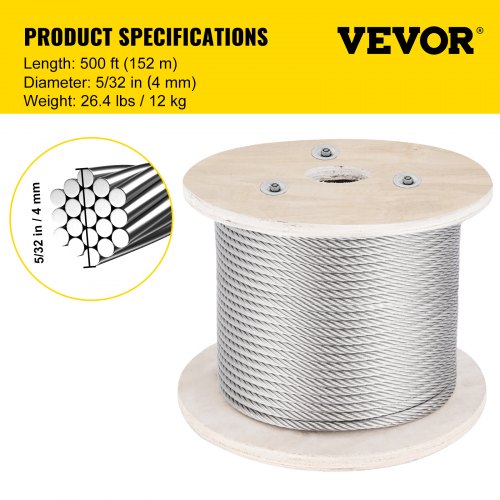 500FT T316 1x19 Marine Grade Steel Cable, 5/32" Wire Rope for Deck Railing Brackets, Handrail Stair & DIY Balustrade