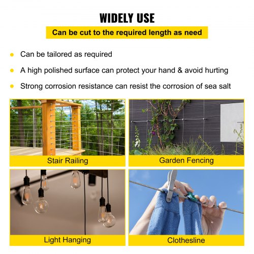 200FT T304 Stainless Steel Wire Rope 14 7x19 Steel Cable For Railing Decking  DIY Balustrade 6400lb 6