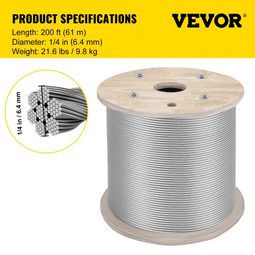 200FT T304 Stainless Steel Wire Rope 14 7x19 Steel Cable For Railing Decking  DIY Balustrade 6400lb 7