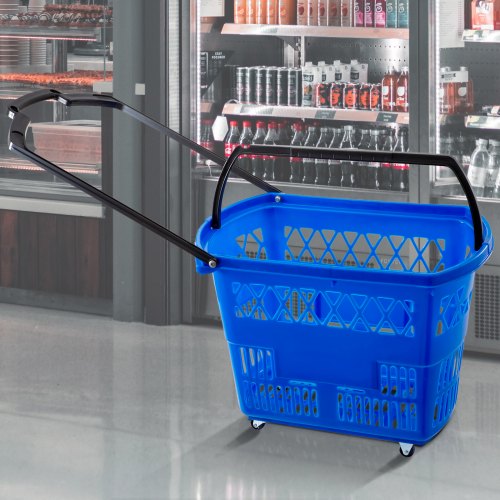 6-Pack Plastic Rolling Shopping Basket Set with Wheels, 75lb Capacity, Foldable Handles for Retail Store & Supermarket