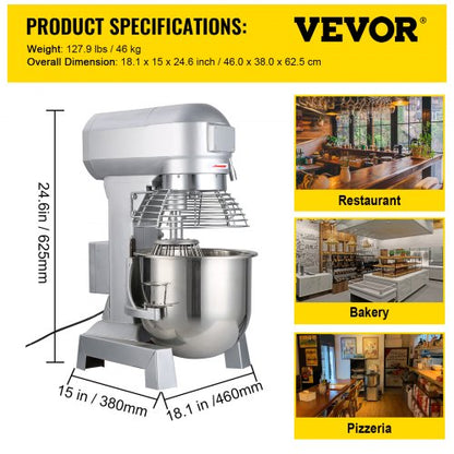 Commercial Food Mixer Speeds Adjustable RPM Heavy Duty With Stainless Steel Bowl Dough Hooks Beater 7