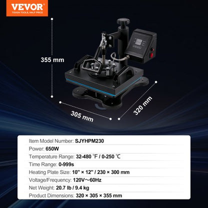 12"x10" Heat Press Machine – Digital Swing-Away Sublimation & Heat Transfer Printing Machine for T-Shirts