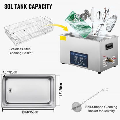 30L Professional Ultrasonic Parts Cleaner with Heater & Timer, Dual Frequency (28/40kHz) for Dental Instruments.