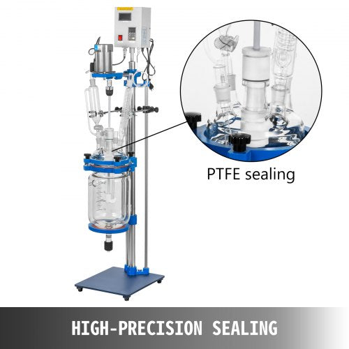5L Lab Jacketed Glass Reactor, Digital Display Reaction Vessel for Chemistry & Distillation (0-1200RPM)