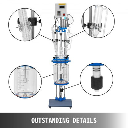5L Lab Jacketed Glass Reactor, Digital Display Reaction Vessel for Chemistry & Distillation (0-1200RPM)