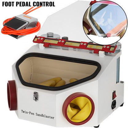 Dental Lab Sandblaster Machine, Twin Pen Blaster with 2 Tanks, LED Lighting & Foot Pedal Control