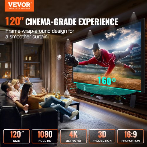 120" 16:9 Fixed Frame Projector Screen, 4K/HDTV Ready with 1.2 Gain for Home Theater & 3D Movies