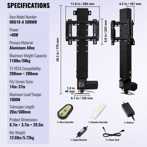 Motorized TV Lift Stroke Length, Height Adjustable, TV Mount Fit for Screens with Remote Control