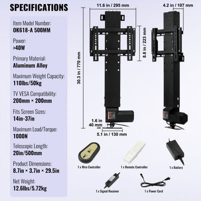Motorized TV Lift Stroke Length, Height Adjustable, TV Mount Fit for Screens with Remote Control