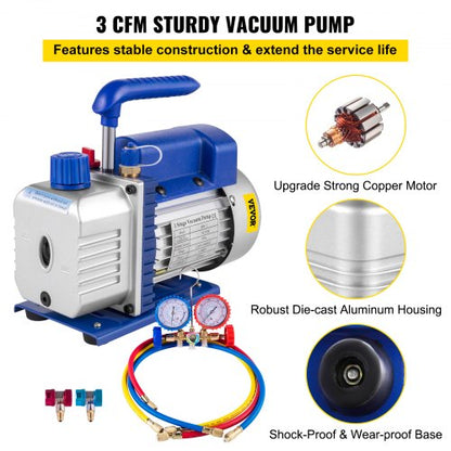 Single Stage Air Vacuum Pump HVAC AC Refrigeration Kit With AC Manifold Gauge Can Tap  Carrying Tot 3
