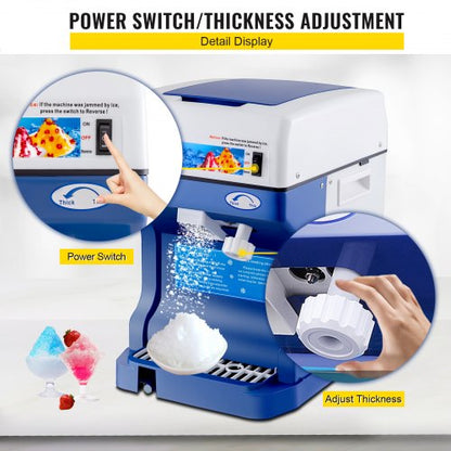 Electric Shaved Ice Machine, Commercial Ice Shaver & Snow Cone Maker Tabletop, Adjustable Ice Texture for Home