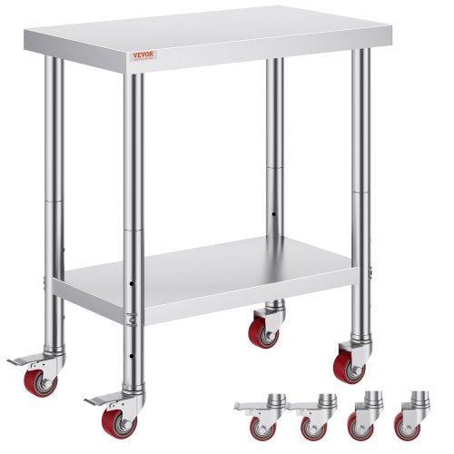 Stainless Steel Work Table with Wheels, Heavy Duty Commercial Food Prep Worktable with Brake & Adjustable Shelf