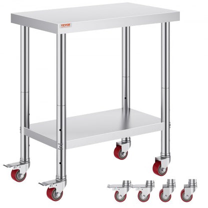 Stainless Steel Work Table with Wheels, Heavy Duty Commercial Food Prep Worktable with Brake & Adjustable Shelf