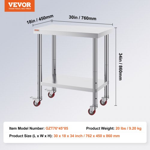 Stainless Steel Work Table With Wheels Heavy Duty Commercial Food Prep Worktable With Brake  Adjust 7