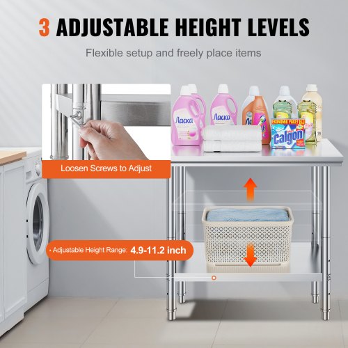 Heavy Duty Stainless Steel Prep Table High Capacity Commercial Workstation With Adjustable Shelves  5