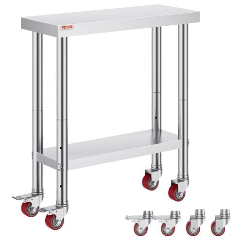 Heavy Duty Stainless Steel Work Table with Adjustable Shelf & Wheels, Commercial Kitchen Prep Worktable with Brakes