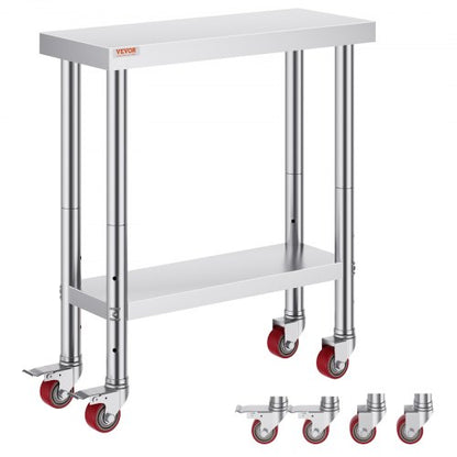 Heavy Duty Stainless Steel Work Table with Adjustable Shelf & Wheels, Commercial Kitchen Prep Worktable with Brakes