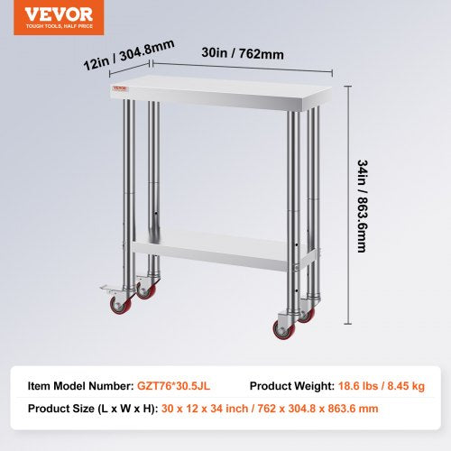 Heavy Duty Stainless Steel Work Table With Adjustable Shelf  Wheels Commercial Kitchen Prep Worktab 7