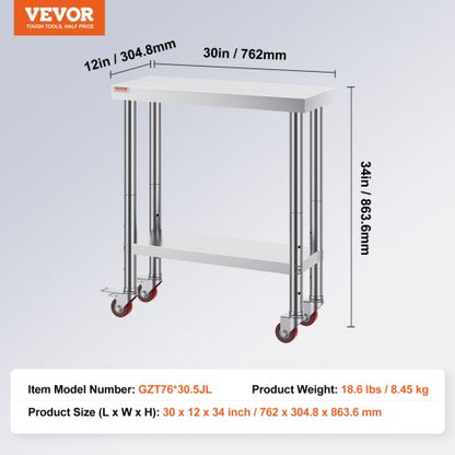 Heavy Duty Stainless Steel Work Table With Adjustable Shelf  Wheels Commercial Kitchen Prep Worktab 7