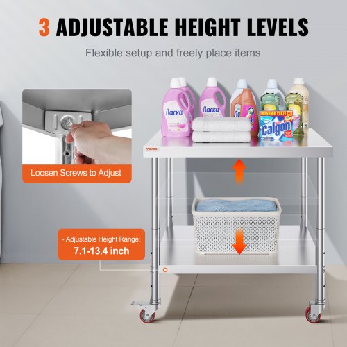 Stainless Steel Work Table Heavy Duty Commercial Food Prep Worktable With Adjustable Shelf  Lockabl 5
