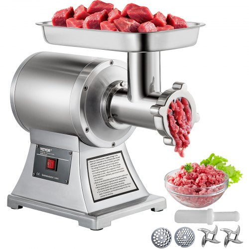 Commercial Meat Grinder, Heavy Duty Electric Stainless Steel Meat Mincer w/ Blades, Grinding Plates & Stuffing Tubes