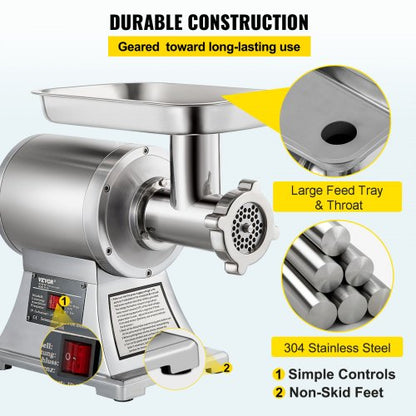 Commercial Meat Grinder Heavy Duty Electric Stainless Steel Meat Mincer W Blades Grinding Plates  S 3