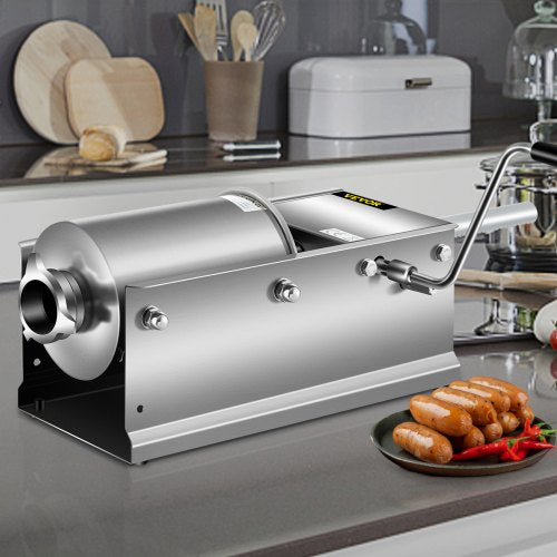 Stainless Steel Sausage Stuffer, 3L Horizontal Manual Meat Press with 5 Nozzles, Dual-Speed for Home & Commercial Use