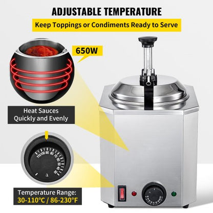 Stainless Steel Hot Fudge Warmer With Pump 650W Cheese Dispenser With 30110C Temp Adjustable 5