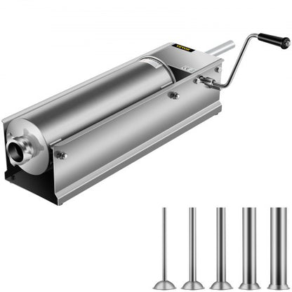 7L Stainless Steel Manual Sausage Stuffer, Horizontal Sausage Maker with 5 Filling Nozzles for Home & Commercial Use