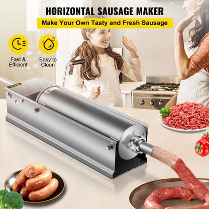 7L Stainless Steel Manual Sausage Stuffer Horizontal Sausage Maker With 5 Filling Nozzles For Home  2