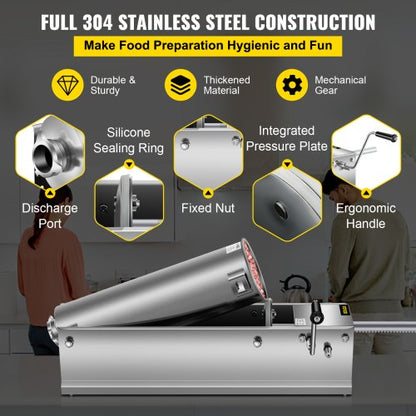 7L Stainless Steel Manual Sausage Stuffer Horizontal Sausage Maker With 5 Filling Nozzles For Home  3