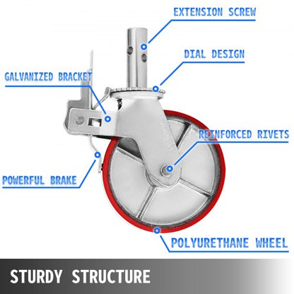 4-Pack Heavy-Duty Locking Stem Casters with Brake, 4400LB Capacity Polyurethane Wheels for Scaffold, Shelves