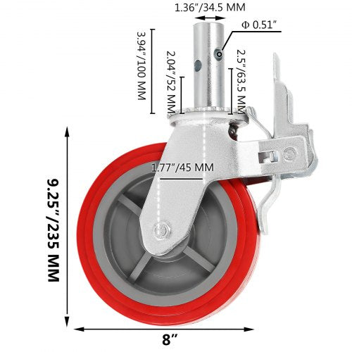 HeavyDuty Locking Stem Casters With Brake 8 Red Polyurethane Wheels Set Of 4 For Scaffold Shelves   8