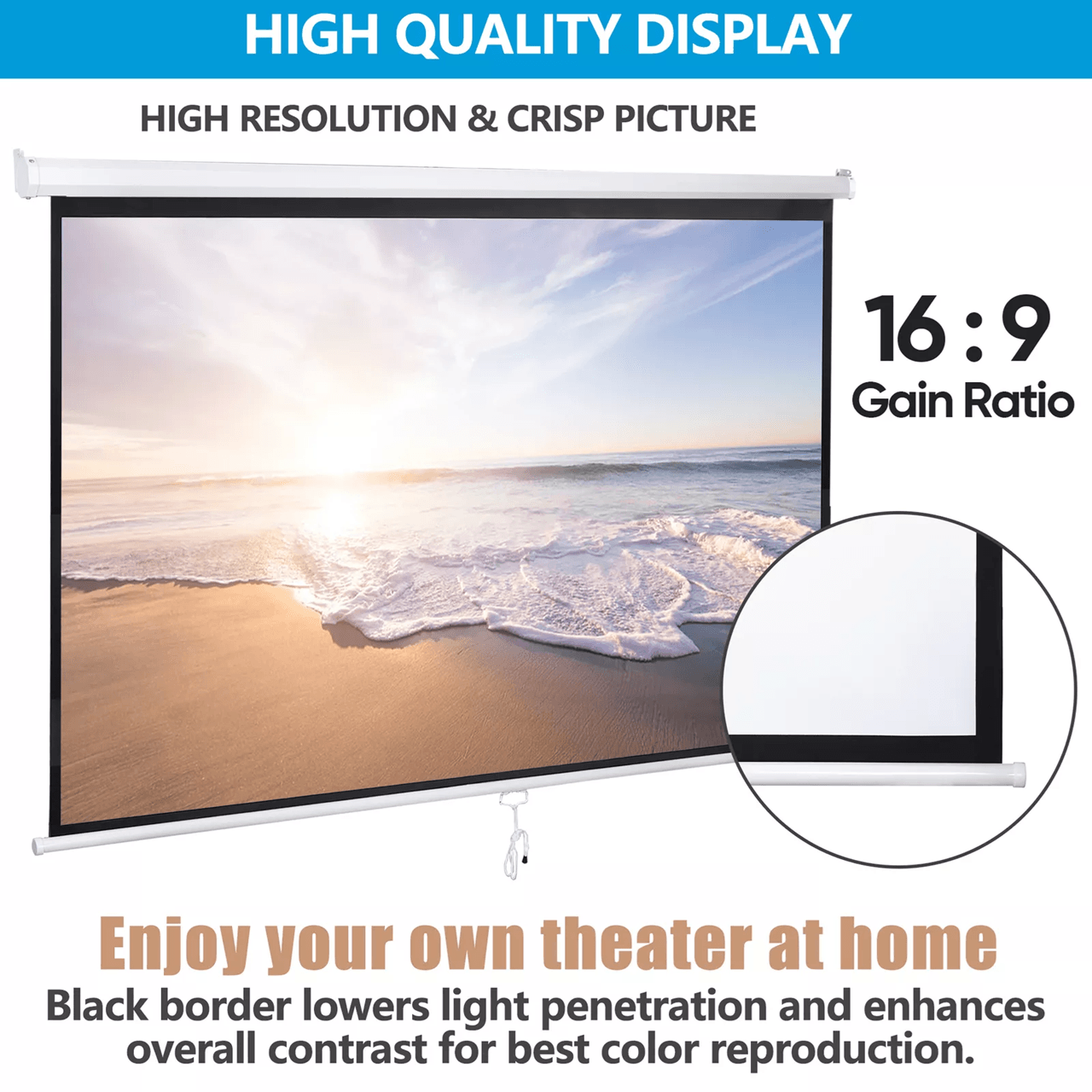 100 Inch Pull Down Projector Screen For Home Theater And HD Viewing 1