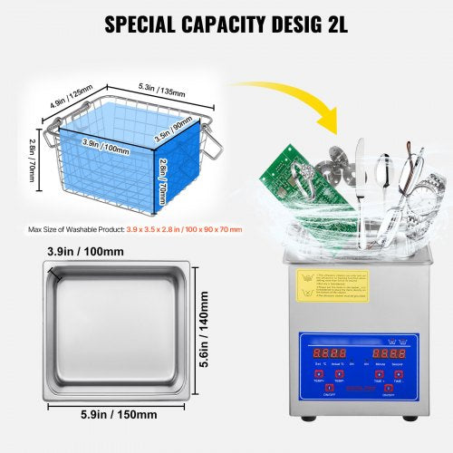 2L Digital Ultrasonic Cleaner, 110V for Jewelry, Watch, Glasses, Diamond & Small Parts Cleaning