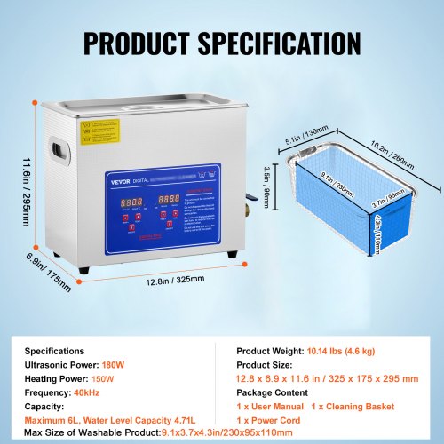 6L 110V Ultrasonic Cleaning Machine, Professional Heated Cleaner for Watch Instruments, Jewelry & Industrial Parts