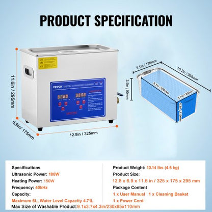 6L 110V Ultrasonic Cleaning Machine, Professional Heated Cleaner for Watch Instruments, Jewelry & Industrial Parts