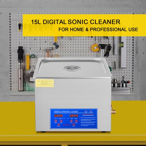 Heated Ultrasonic Cleaner 110V, 15L Stainless Steel Tank for Wrench, Screwdriver, Industrial Parts & Mental Cleaning