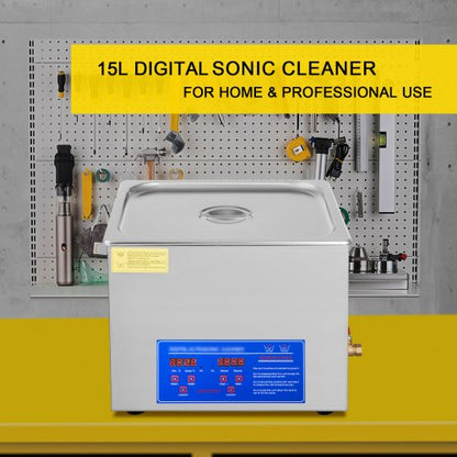 Heated Ultrasonic Cleaner 110V, 15L Stainless Steel Tank for Wrench, Screwdriver, Industrial Parts & Mental Cleaning
