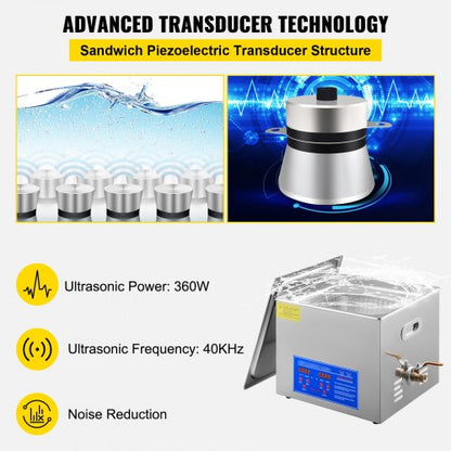 Heated Ultrasonic Cleaner 110V, 15L Stainless Steel Tank for Wrench, Screwdriver, Industrial Parts & Mental Cleaning