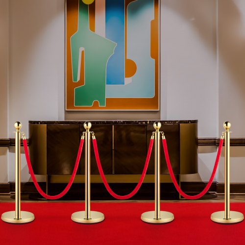 38" Gold Crowd Control Stanchions with Red Velvet Rope, 8-Pack Queue Barriers for Events & Party Supplies