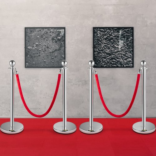 38" Silver Crowd Control Stanchions with Red Velvet Ropes, 4-Pack Queue Barriers for Events & Party Supplies