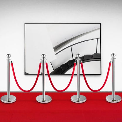 Retractable Crowd Control Barrier, 38 Inch Stainless Steel Stanchion Posts with Durable Red Velvet Rope (Silver)