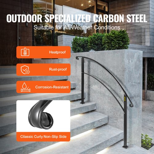 Matte Black Wrought Iron Handrail Adjustable Stair Rail With Installation Kit Durable Hand Rails Fo 2