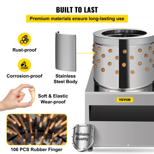 Heavy Duty Poultry De-Feather Remover, Stainless Steel Chicken Plucker Barrel, RPM Feather Plucking Machine