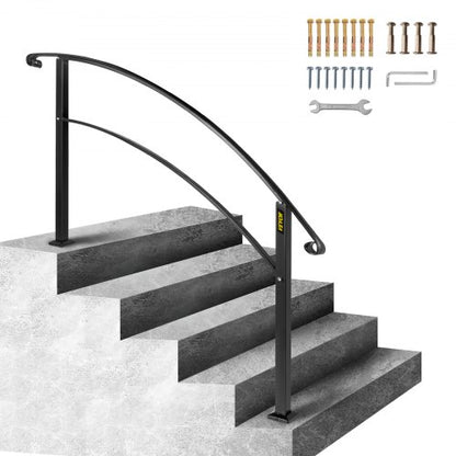 Flexible Outdoor Handrails, Black Wrought Iron Stair Railing for Porches, Gardens & Entryways, Wall-Free Mount Design