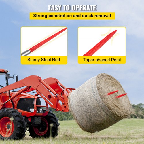 Hay Spear High lbs Capacity, Bale Spike Quick Attach Red Coated Square Hay Bale Spears Wide with Hex Nut & Sleeve