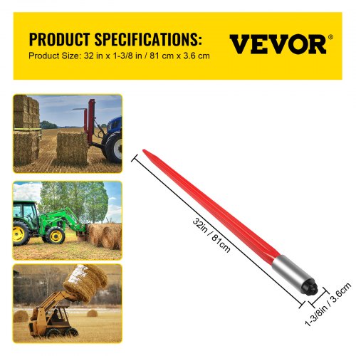 Hay Spear High lbs Capacity, Bale Spike Quick Attach Red Coated Square Hay Bale Spears Wide with Hex Nut & Sleeve
