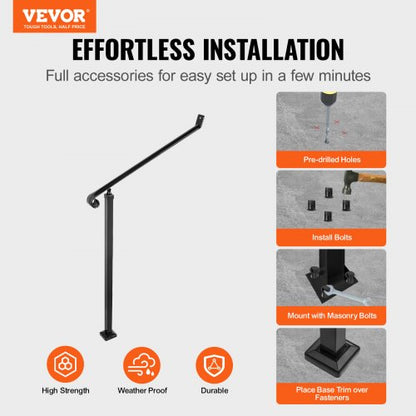 Black Iron Railings For Steps Floor Mounted Handrail With Installation Kit For Outdoor Stairs 12 St 2