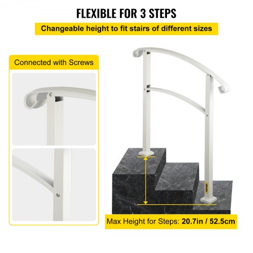 Matte White Stair Rail Wrought Iron Handrail With Installation Kit For Outdoor Steps 3Step Design 3